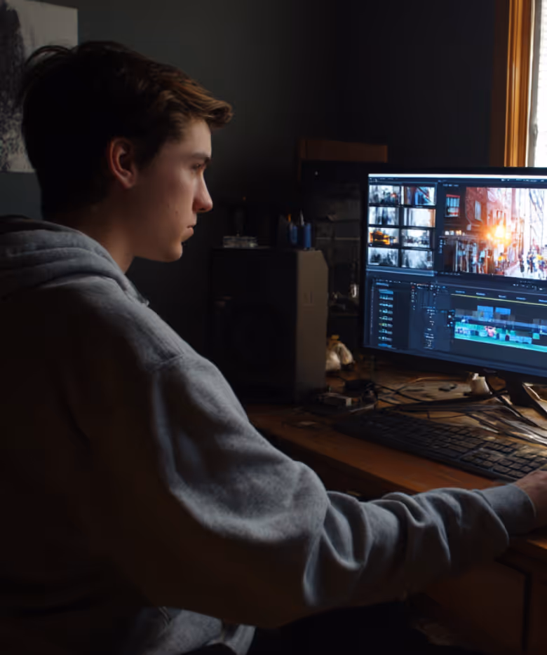 Young man in a gray hoodie editing video footage on a computer in a dimly lit room.
