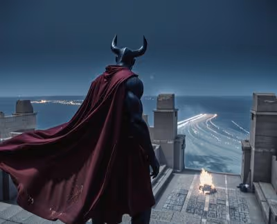 Figure wearing a horned helmet and flowing cape stands on a rooftop overlooking a cityscape at night.