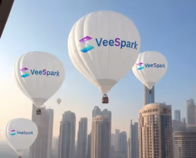 Four white hot air balloons with VeeSpark logo floating above a city skyline with tall buildings under a clear blue sky.