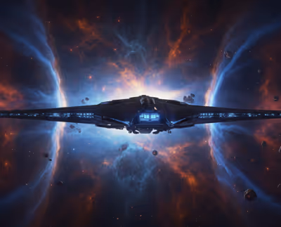Futuristic spaceship flying through a colorful cosmic nebula with glowing blue and orange gases and surrounding asteroids.