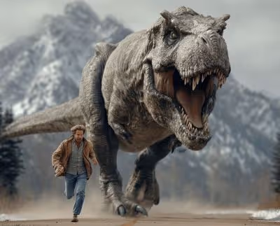 Man running on a mountain road being chased by a roaring Tyrannosaurus rex dinosaur.