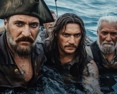 Three men with intense expressions partially submerged in water, dressed in old-fashioned clothing resembling pirates.