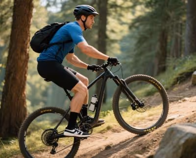 Man wearing helmet and backpack riding a mountain bike uphill on a forest trail.