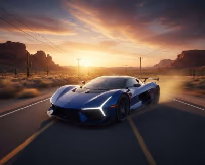 Blue sports car driving on a desert road at sunset with dramatic clouds and rock formations in the background.