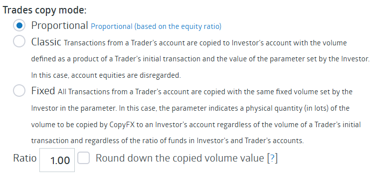 Select risk preset / lot size
