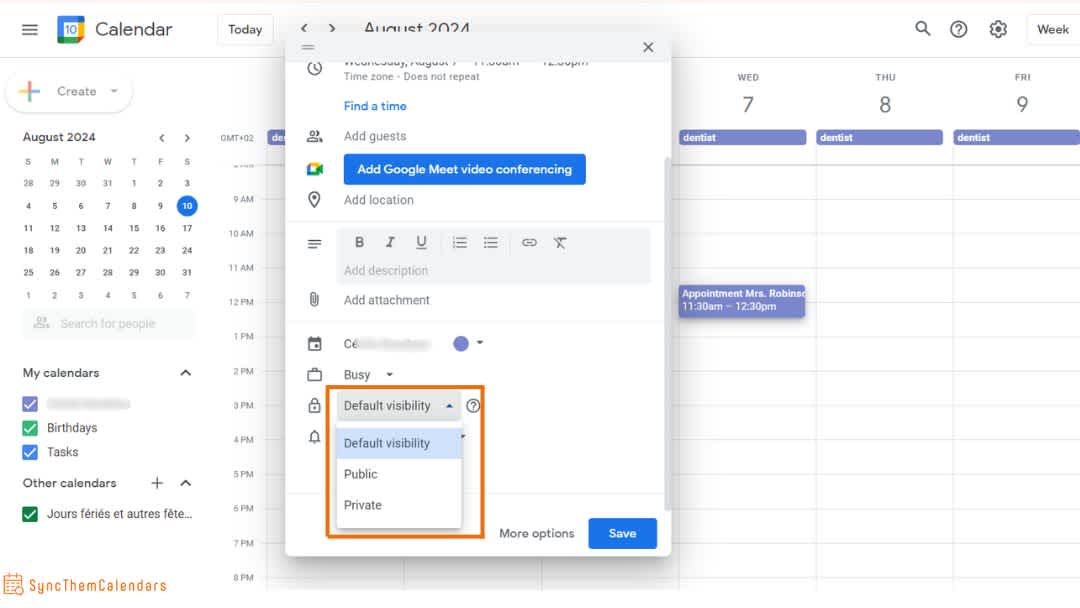 Event visibility settings in Google Calendar