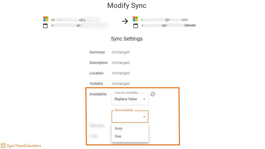 Paramater availability in SyncThemCalendars with Outlook Calendar