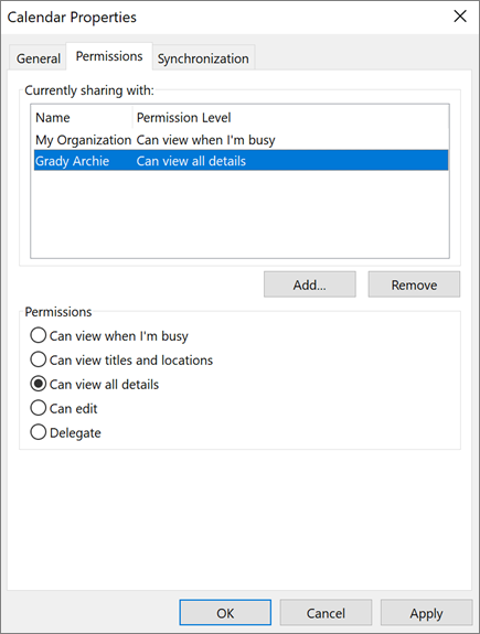 different authorization levels with outlook calendar sharing