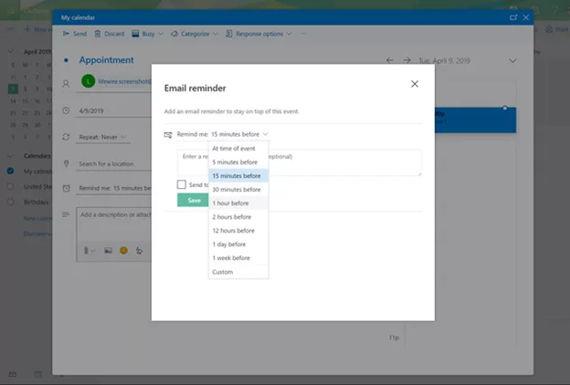 outlook calendar email reminder