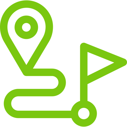 A green icon with a flag representing the start and a map marker representing the destination, connected by a curvy line symbolizing a journey.