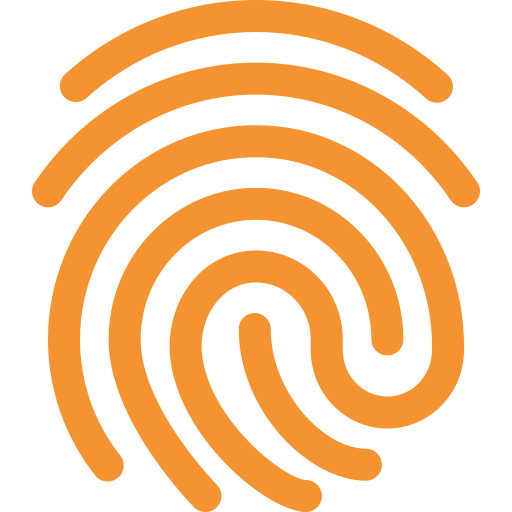 An orange fingerprint symbol representing the concept of touch and identity.