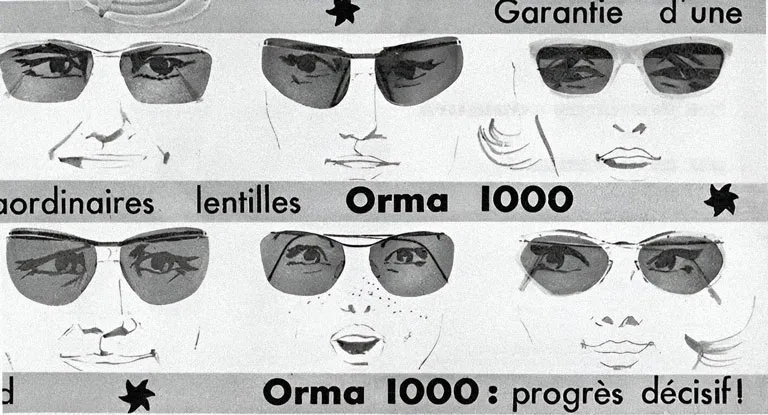 Ancienne publicité Orma 1000 en noir et blanc mettant en scène deux rangées de trois visages dessinés au crayon sur lesquels sont placés différents modèles de lunettes. 