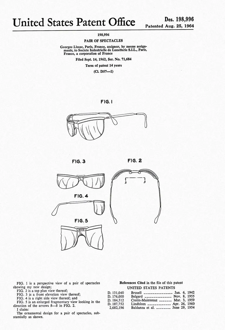 Brevet officiel Solamor pour le modèle de lunette Sport 1000 conçu par Georges Lissac. Mettant en avant les différents angles de la lunette grâce au plan technique de face, de profil, de haut. 