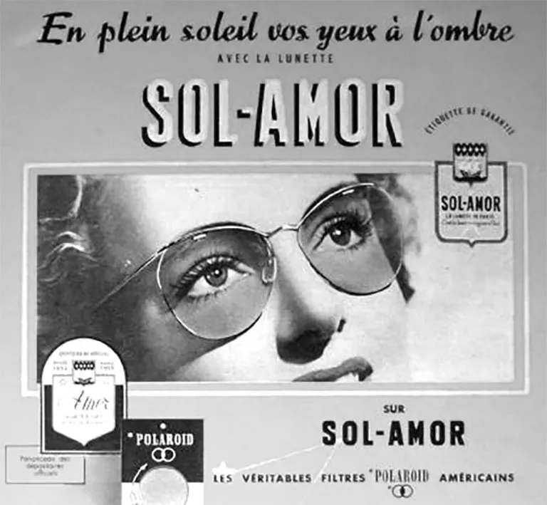 Vintage black-and-white Solamor advertisement featuring the brand’s iconic slogan: “In full sunlight, your eyes in the shade.”