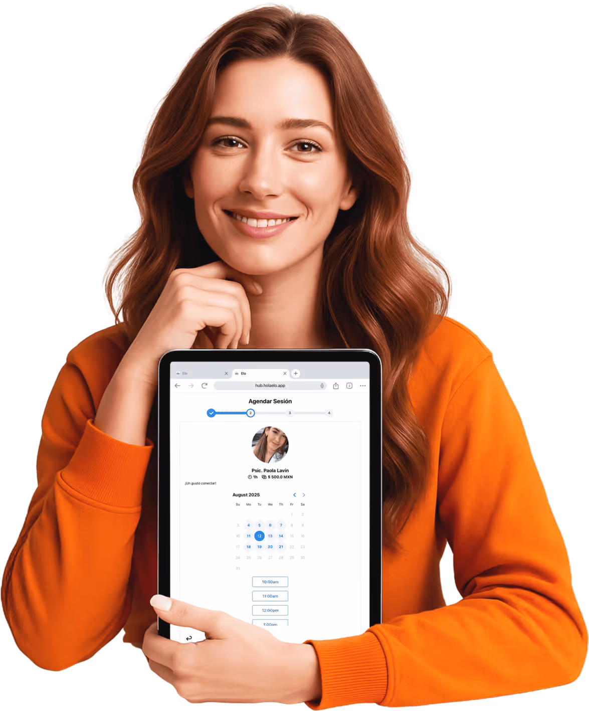 Chica mostrando la aplicación ELO HUB en una tablet