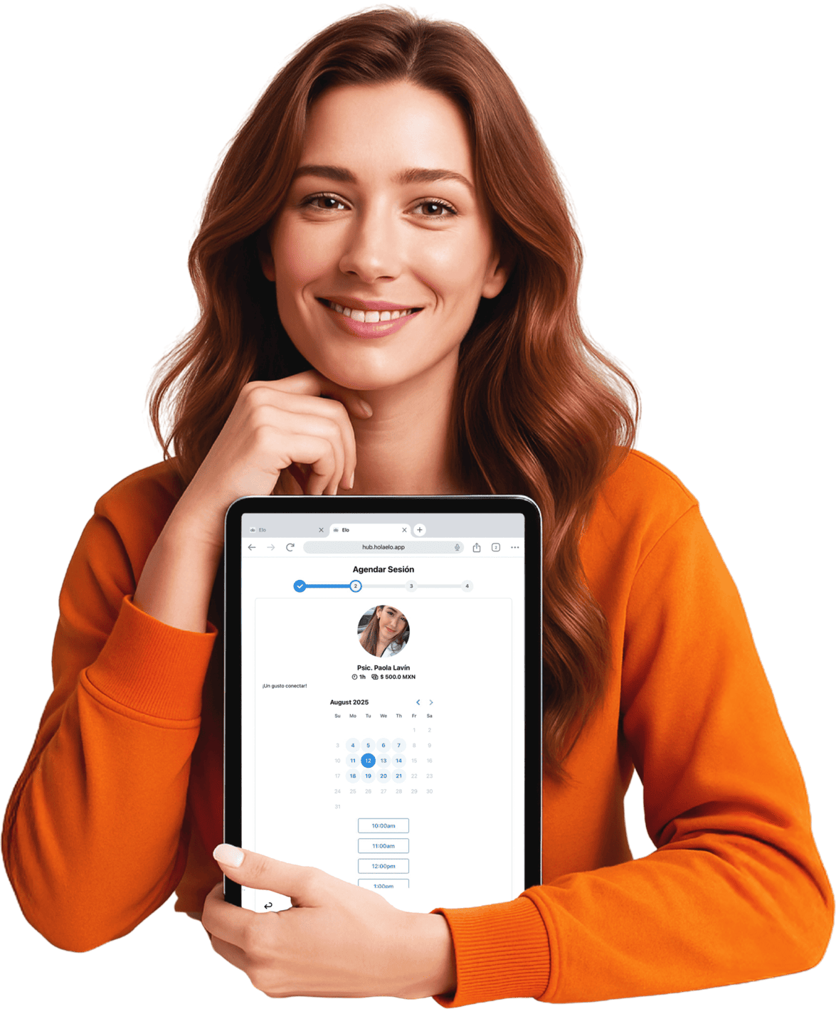 Chica mostrando la aplicación ELO HUB en una tablet