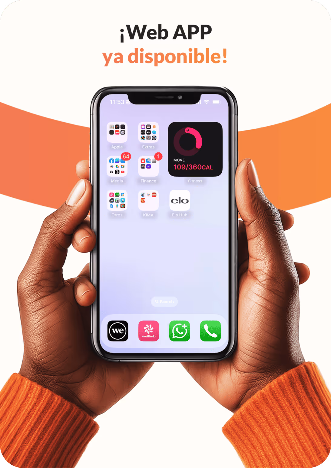 Una mano agarrando un teléfono en el cual tiene la aplicación para móviles de ELO HUB