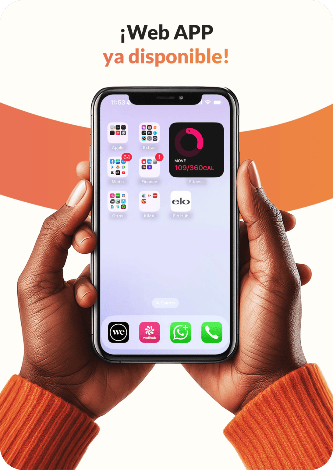 Una mano agarrando un teléfono en el cual tiene la aplicación para móviles de ELO HUB