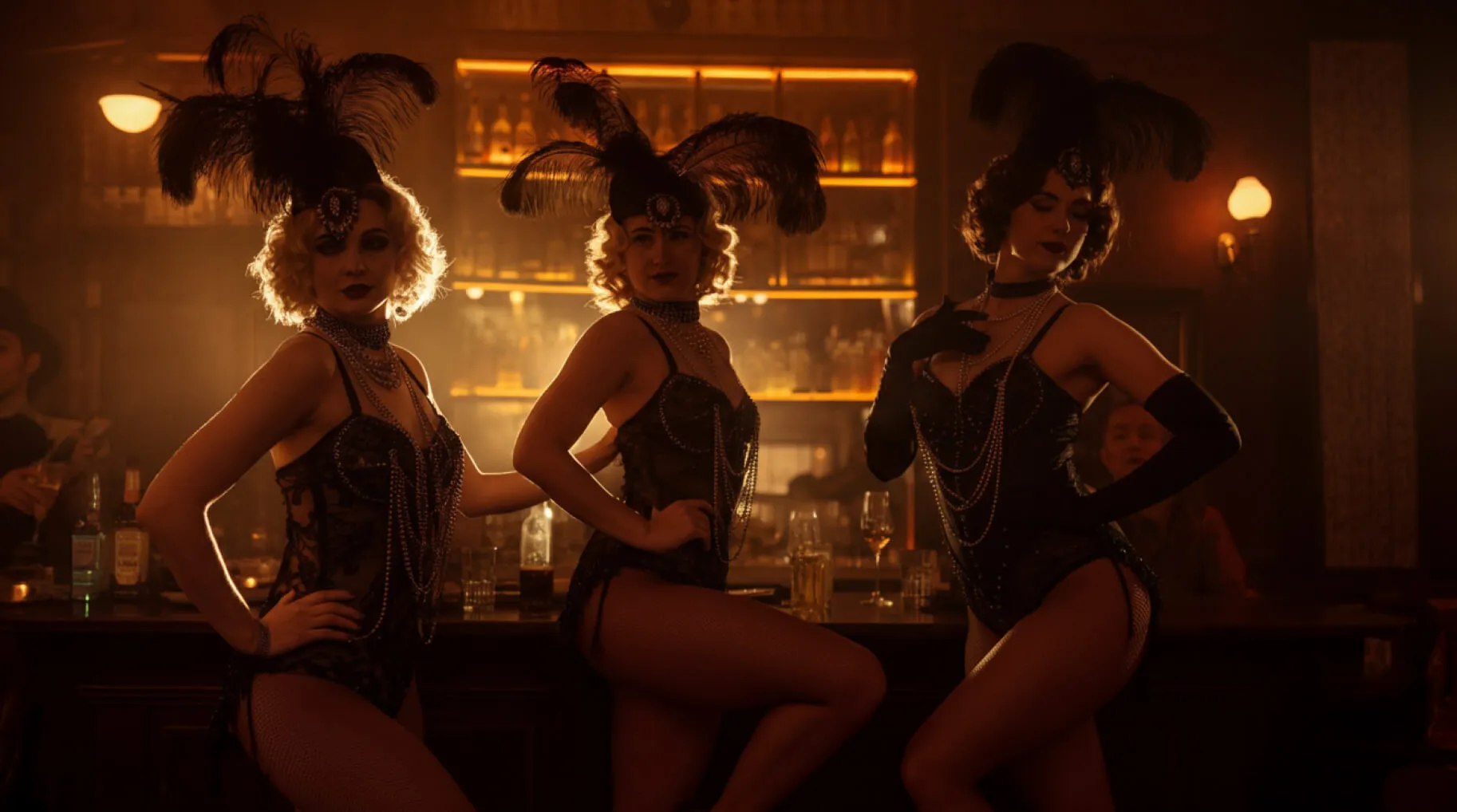 Three women dressed in cabaret style black lace attire with feathered headpieces and pearl necklaces pose at a dimly lit bar.