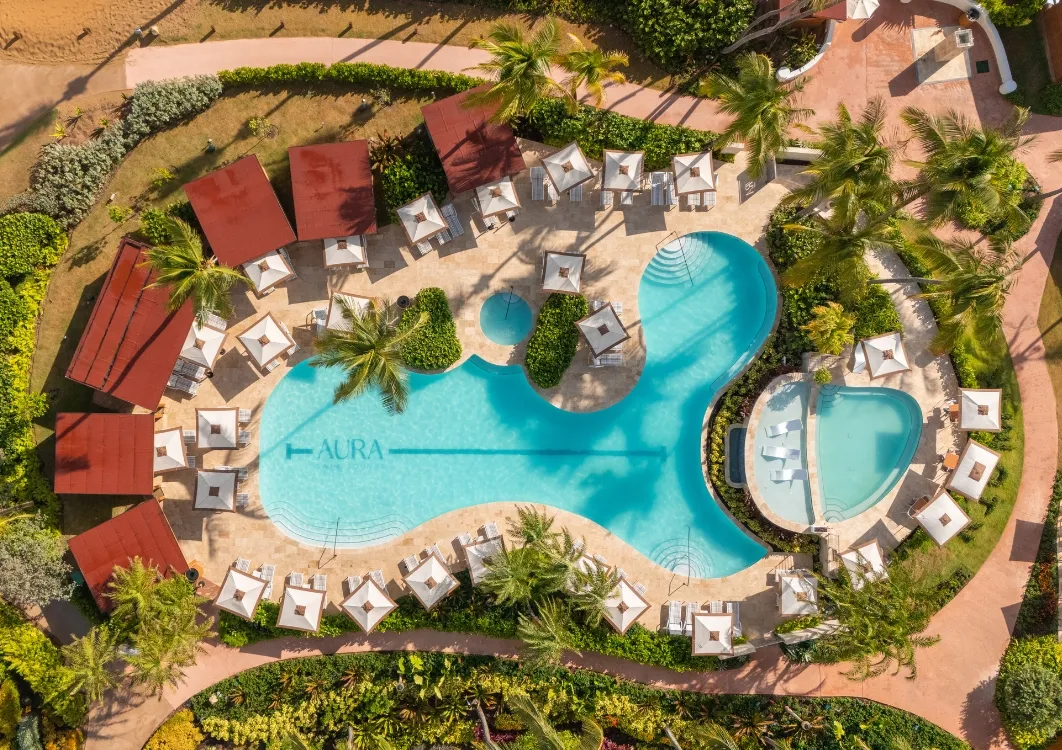 Aerial view of a large swimming pool with a smaller round pool nearby, surrounded by white cabanas, lounge chairs, palm trees, and lush landscaping.