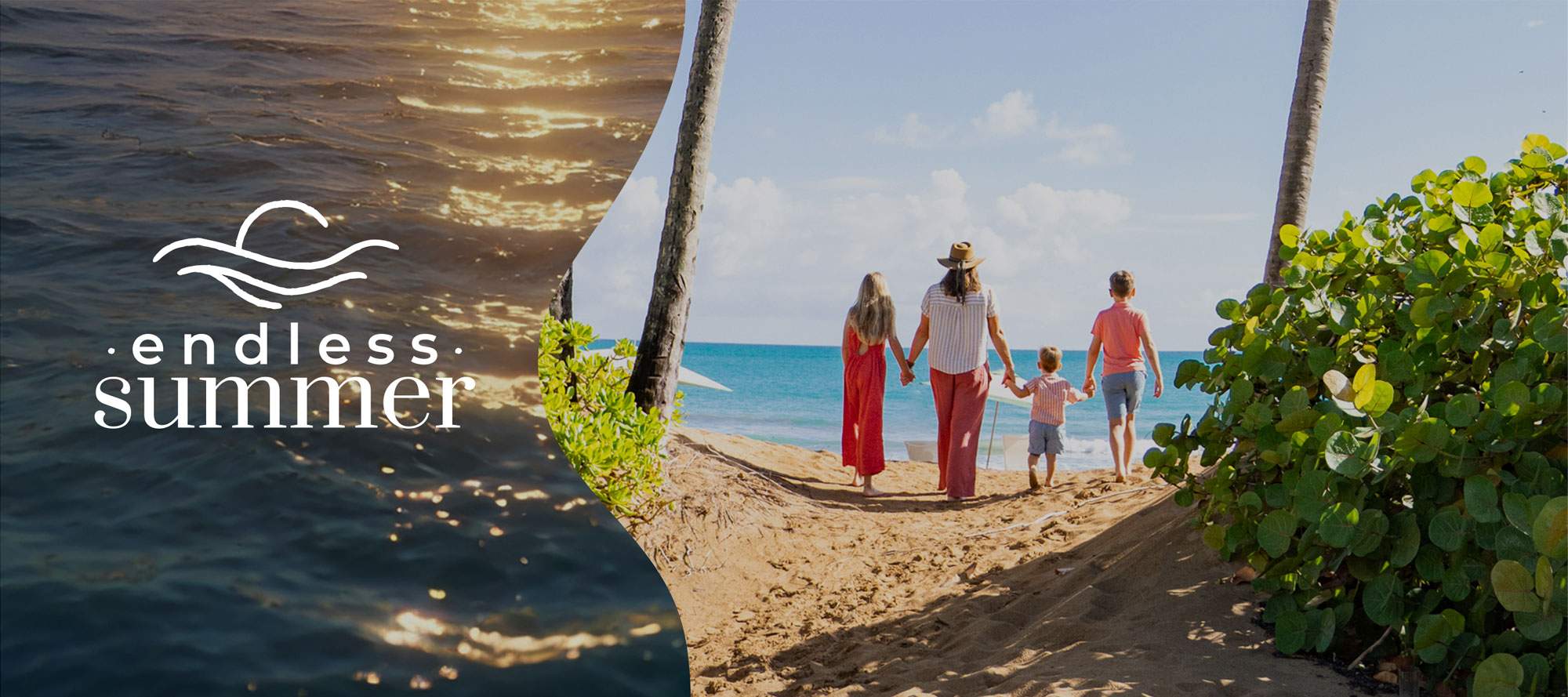 Endless Summer — a family of four walks hand in hand down a sandy, palm-lined path toward a turquoise sea.