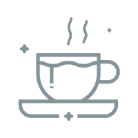 Line drawing of a steaming cup of coffee or tea on a saucer with decorative sparkles around it.
