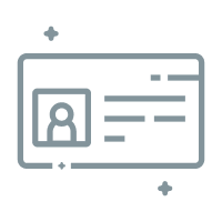 Icon of an identification card with a photo and text lines on a gray background.