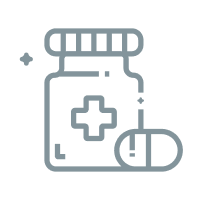 Outline of a medicine bottle with a cross symbol and a capsule pill beside it.