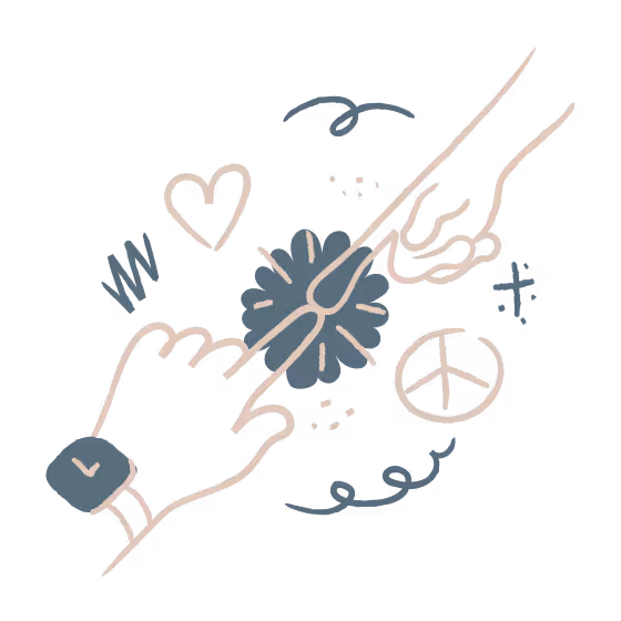 Illustration of two hands engaging in a pinky promise surrounded by doodles including a heart and peace symbol.