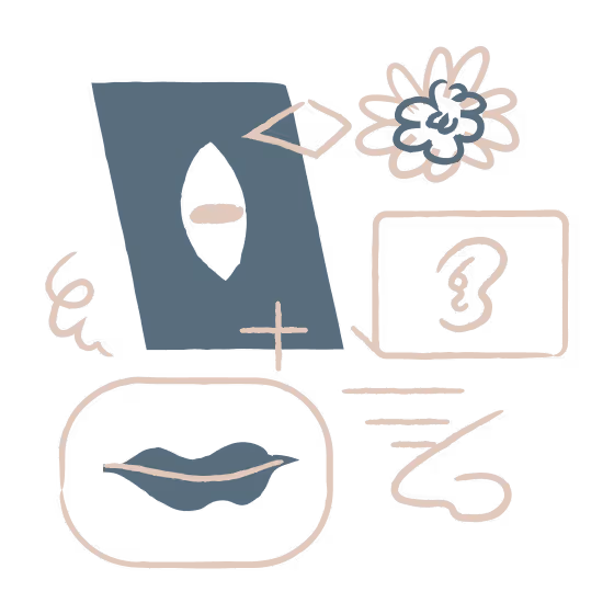 Abstract line drawings of an eye, lips, ear, nose, and flower in muted blue and beige colors.