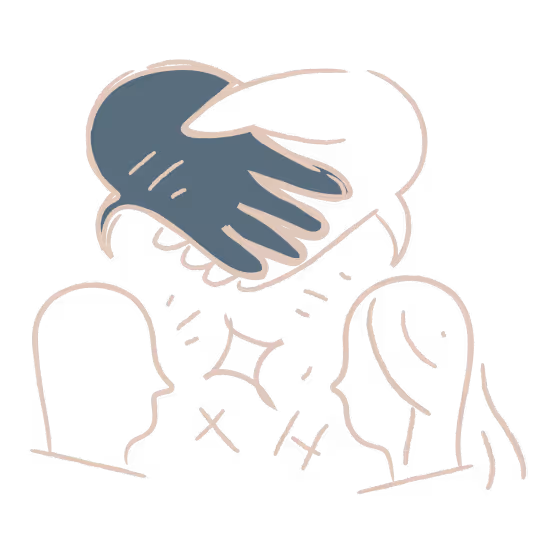 Illustration of two people facing each other with an overlapping handshake above them.