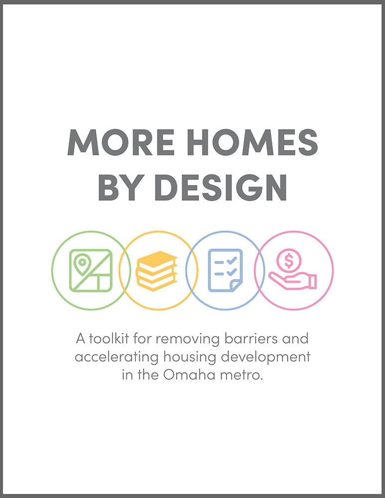 Red cover with text 'Affordable x Design Missing Middle Playbook' and four white outlined house icons, logos of Omaha by Design and Holland Basham Architects at the bottom.