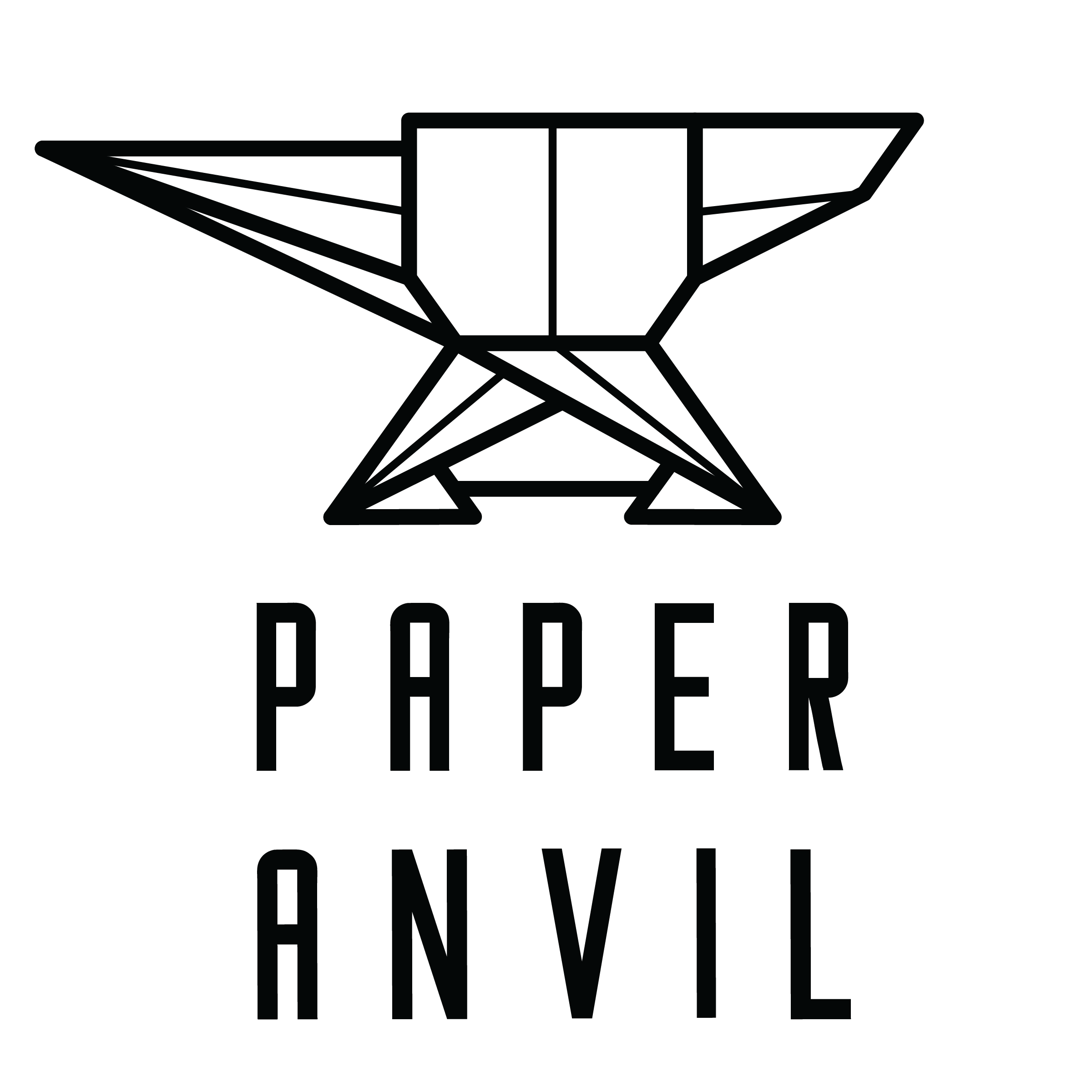 Minimalist black and white logo of an abstract anvil with "Paper Anvil" text