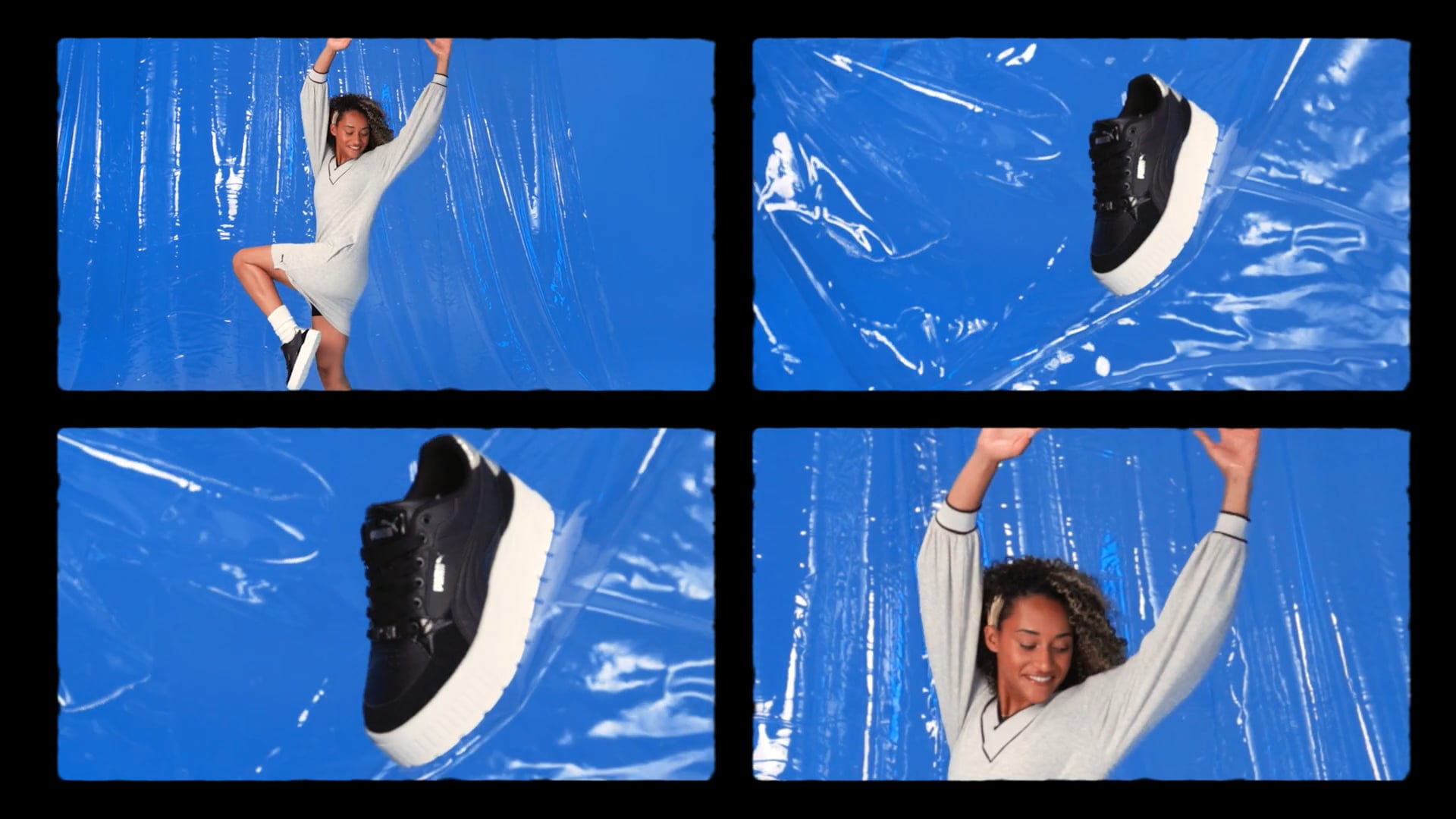 Woman modeling black and white sneaker against blue textured background in four shots