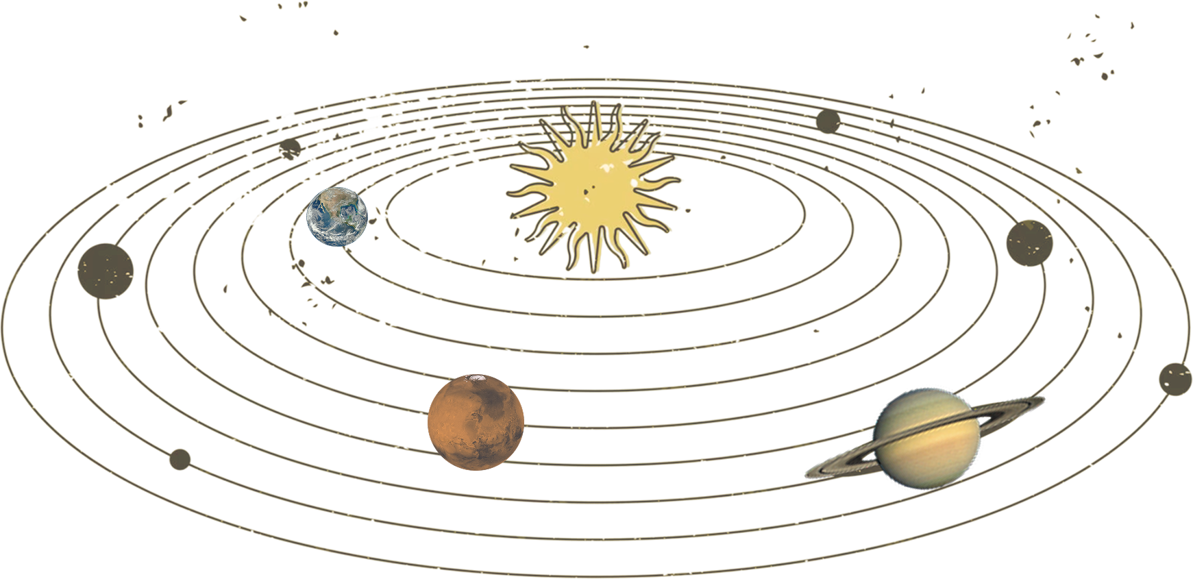 Diagram of the solar system showing the sun at the center with orbiting planets Earth, Mars, and Saturn visible with their distinctive features and orbital paths.