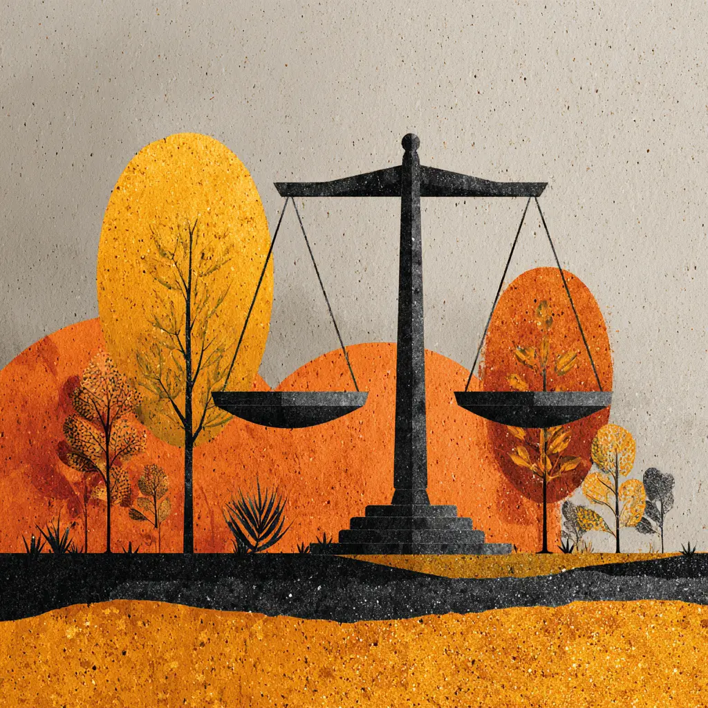 Stylized illustration of the scales of justice against an autumn-themed backdrop, representing legal balance, ethics, and the importance of lawful investigative practices in North Carolina.