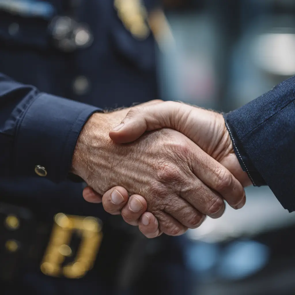 Close-up of a professional handshake between a private investigator and a uniformed law enforcement officer, symbolizing trust and collaboration in investigative services.