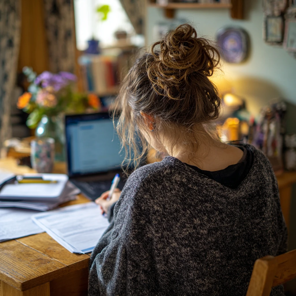 Woman organizing insurance documents and receipts at home desk for fraud protection