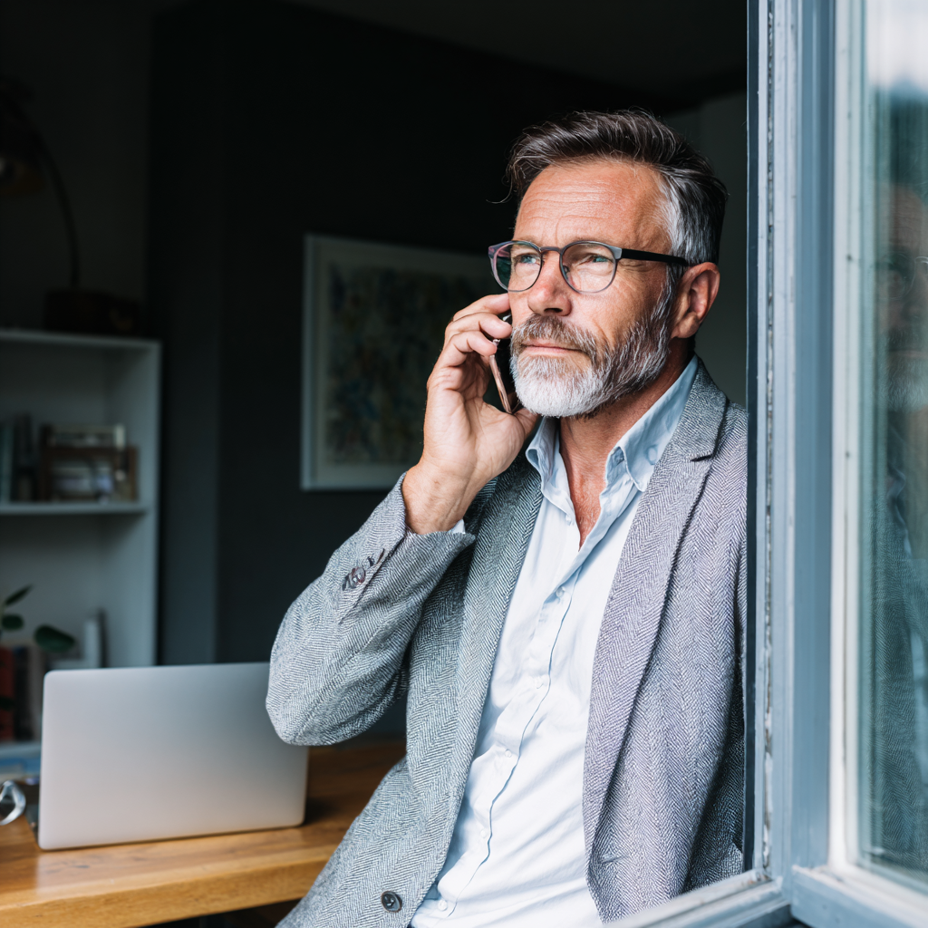 Professional investigator consulting on insurance fraud case by phone in modern office