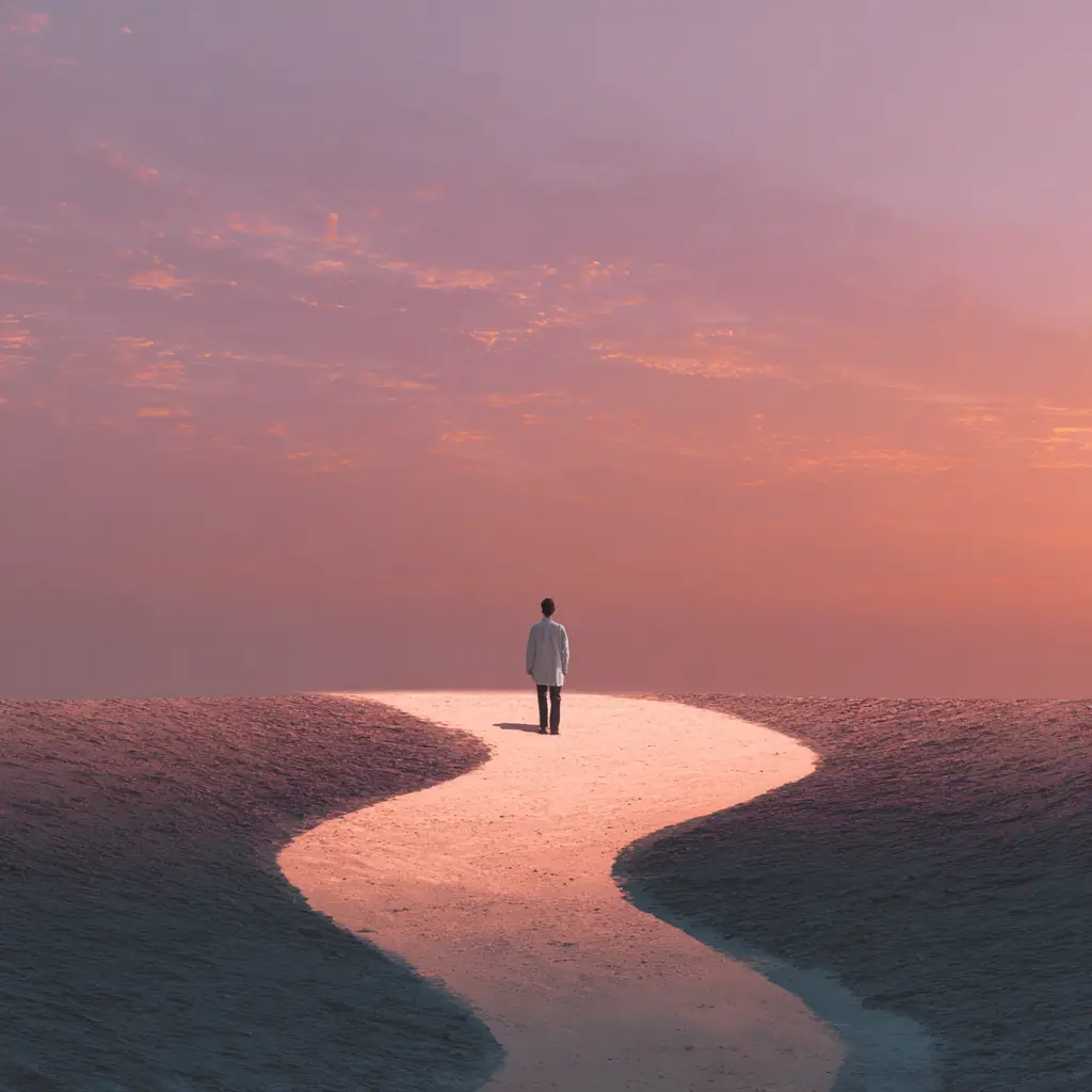 Artwork of a person stands on a path looking into the distance