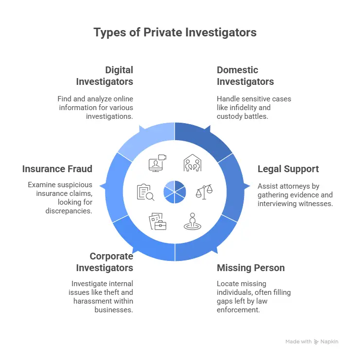 An infograph of six different types of investigators