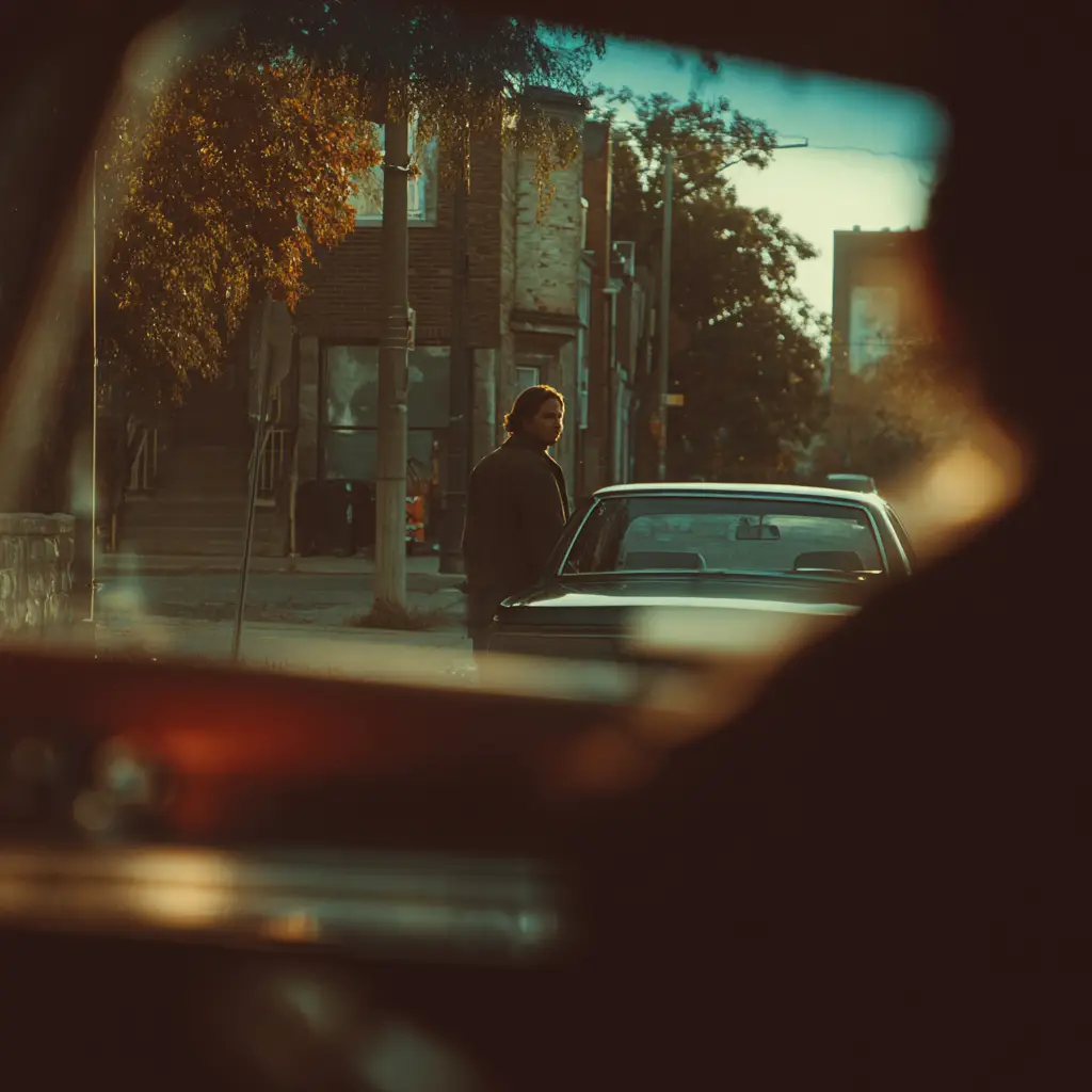 Private investigator conducting discreet surveillance from vehicle, monitoring subject near residential area