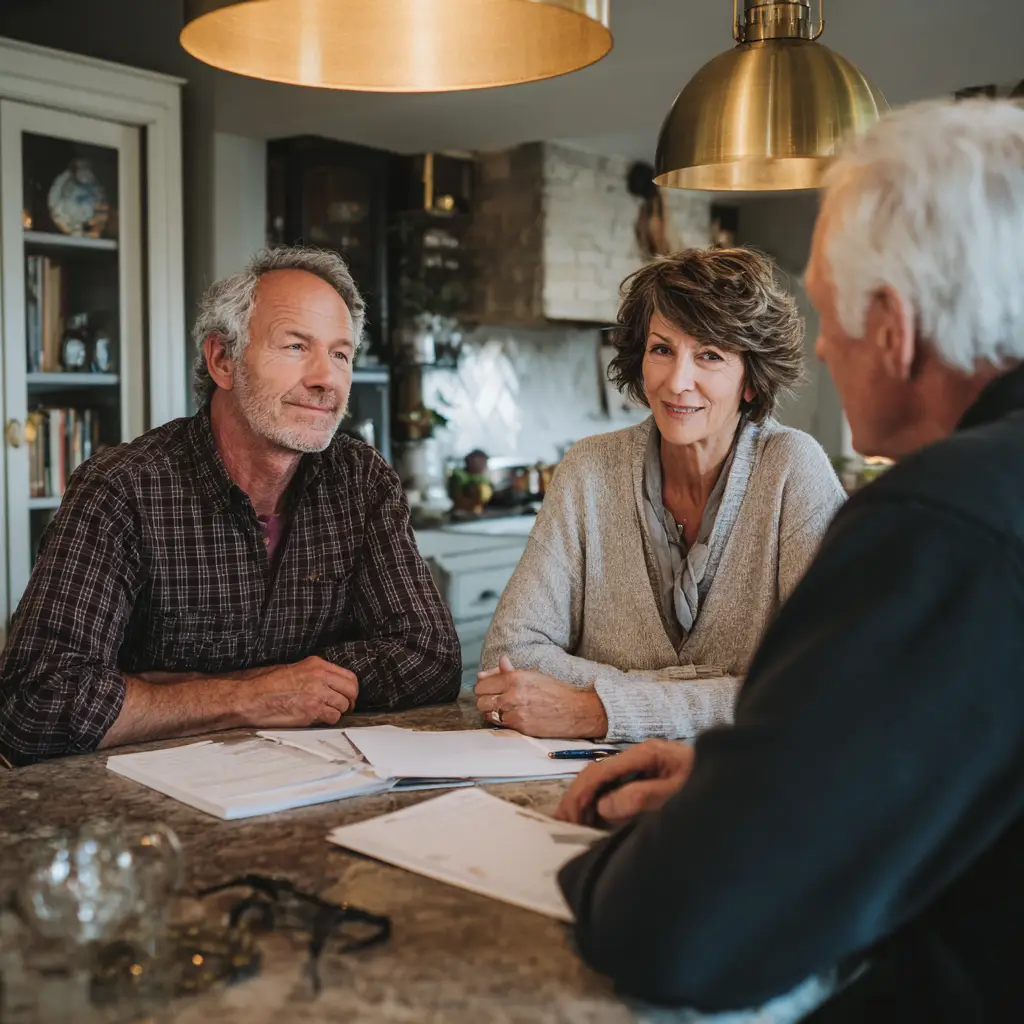 Adult children having a supportive conversation with elderly parent at kitchen table about online safety and romance scam prevention