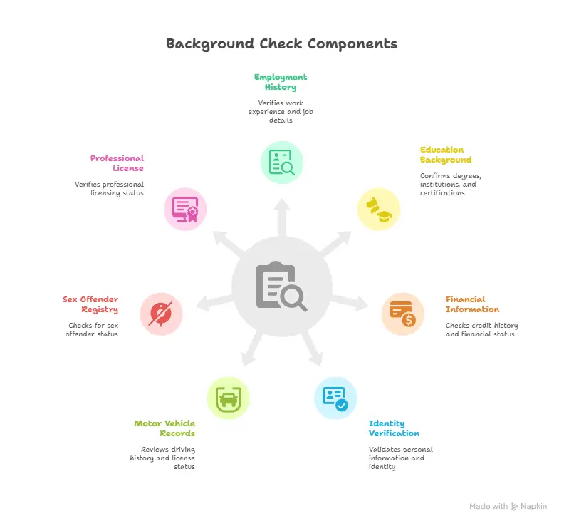 Infographic showing background check components including employment history, criminal records, education verification, and financial information