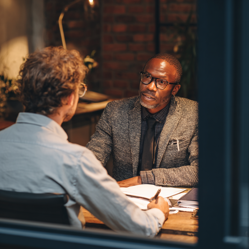 Professional consultation meeting between private investigator and client discussing case details
