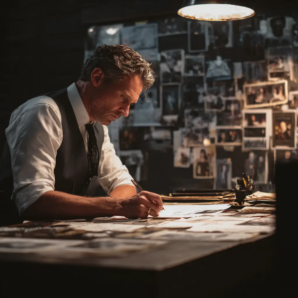 Detective writing notes while reviewing case files with evidence board of photos and documents in background, showing renewed investigation efforts
