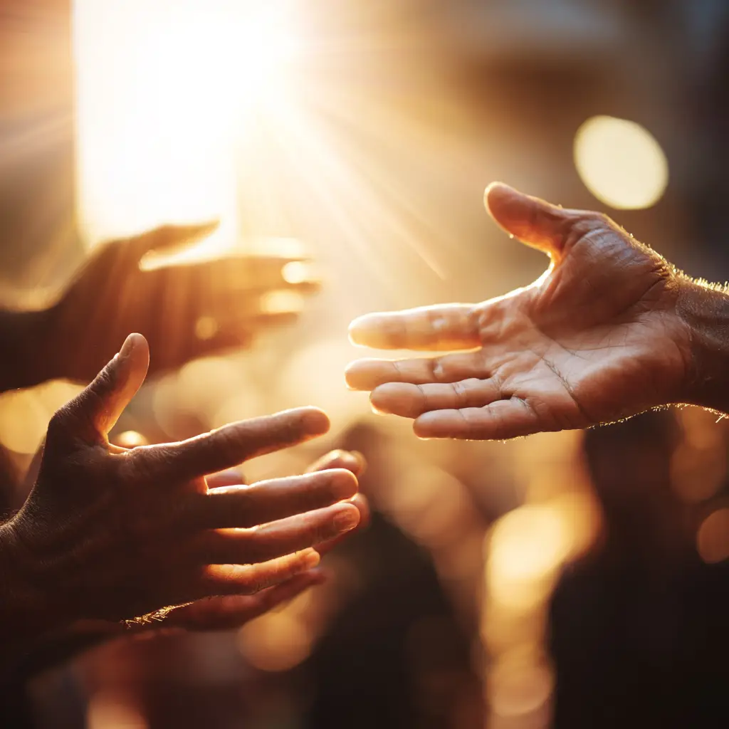 Two hands reaching toward each other in warm golden light, symbolizing community support and help offered to families of missing persons
