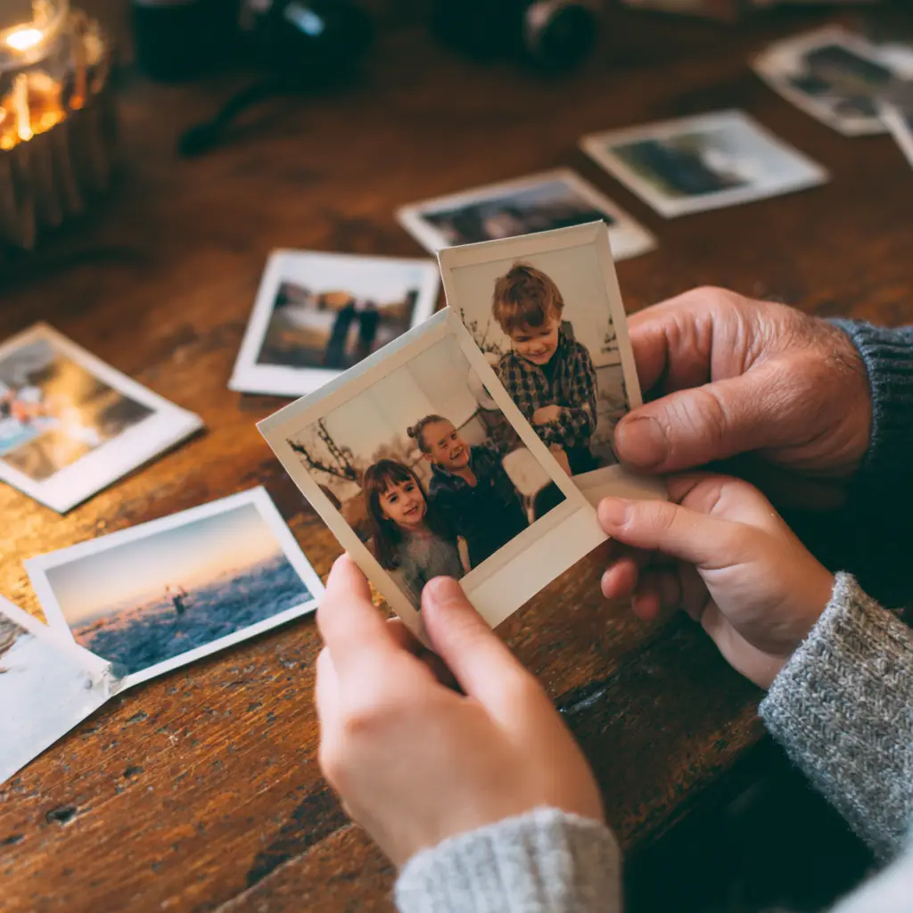 Family members holding and reviewing old photographs together, representing the process of organizing memories and evidence when missing person cases resurface