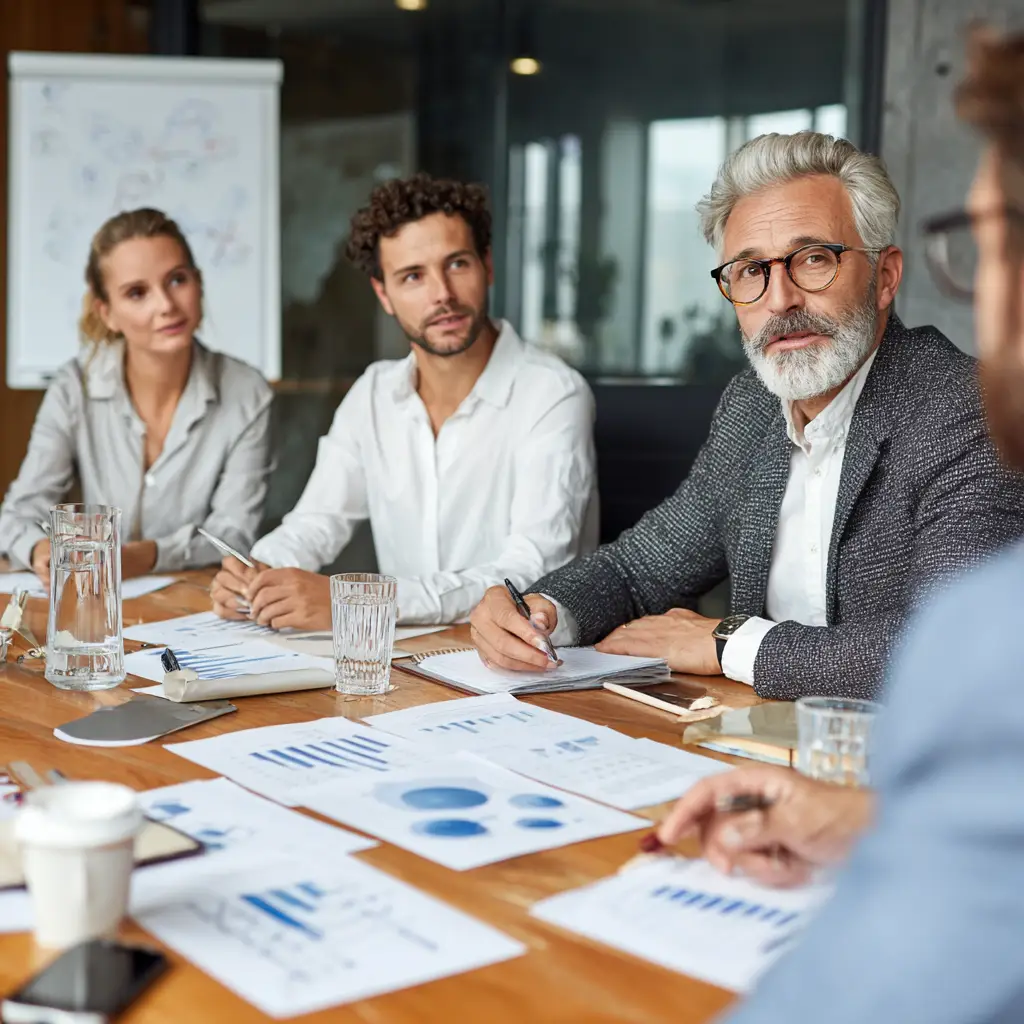 Business executives in conference room discussing financial reports and charts during strategic meeting about company finances