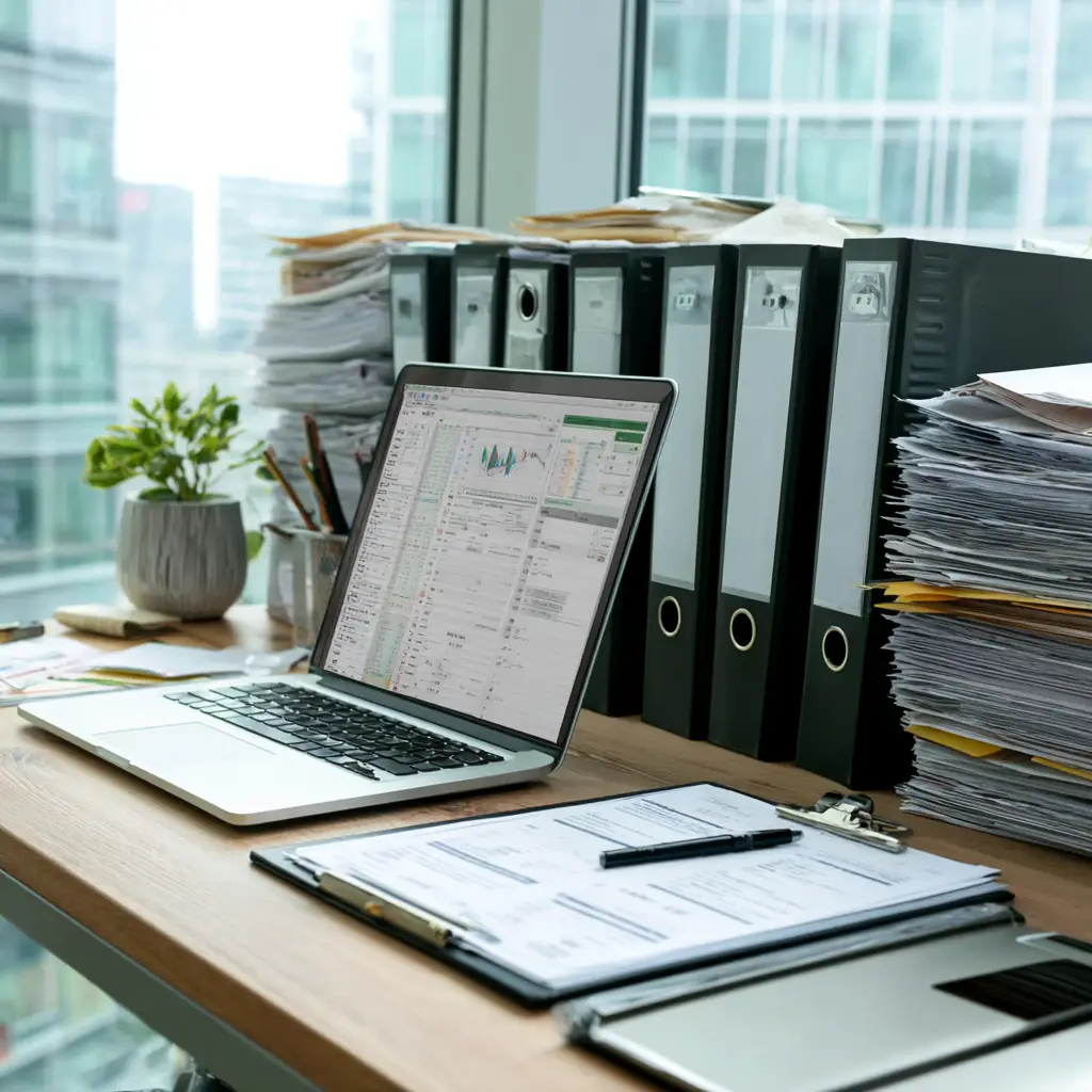 Modern office workspace with laptop displaying financial software, organized filing system and accounting documents for business security